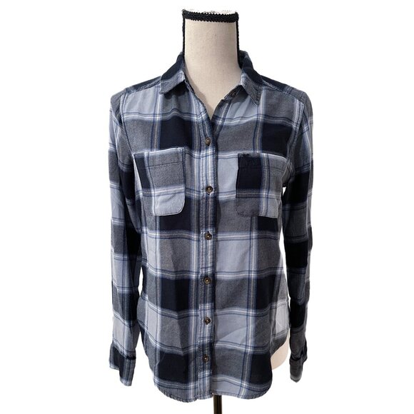Abercrombie & Fitch Button Down Shirt | Navy Blue Plaid Flannel - Size S - Picture 1 of 12